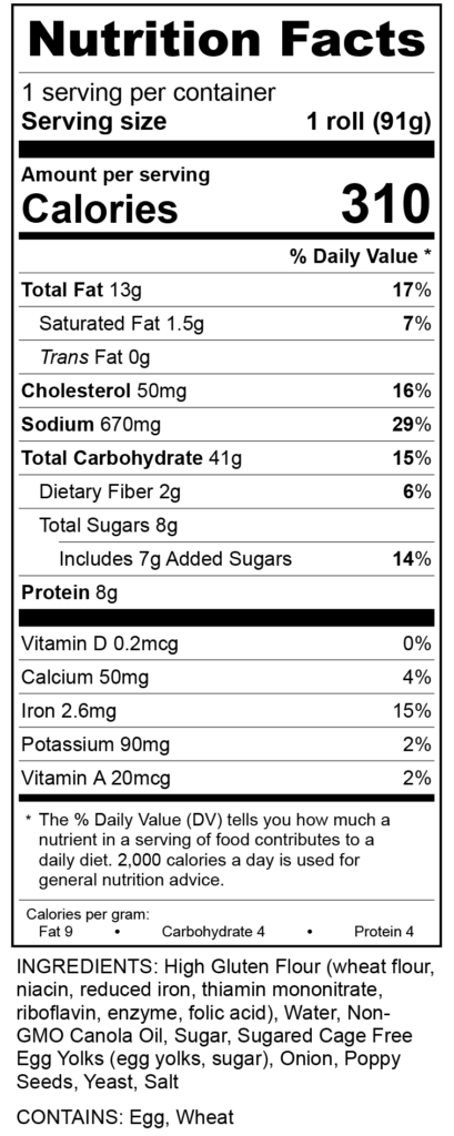 Onion Rolls, Assembled, Simply Delicious Bakers, 051420 RecipeFormula Nutrition Labels