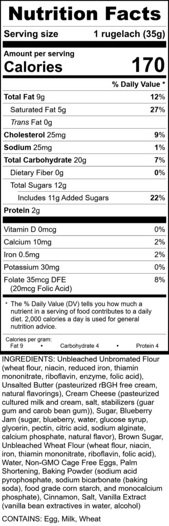 Rugelach, Blueberry, Simply Delicious Bakers, Rev 2, 040721 RecipeFormula Nutrition Labels