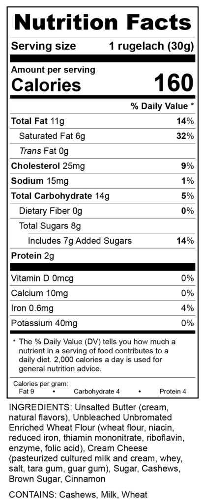 Rugelach, Cinnamon Cashew, Simply Delicious Bakers, Rev 4, 022120 RecipeFormula Nutrition Labels